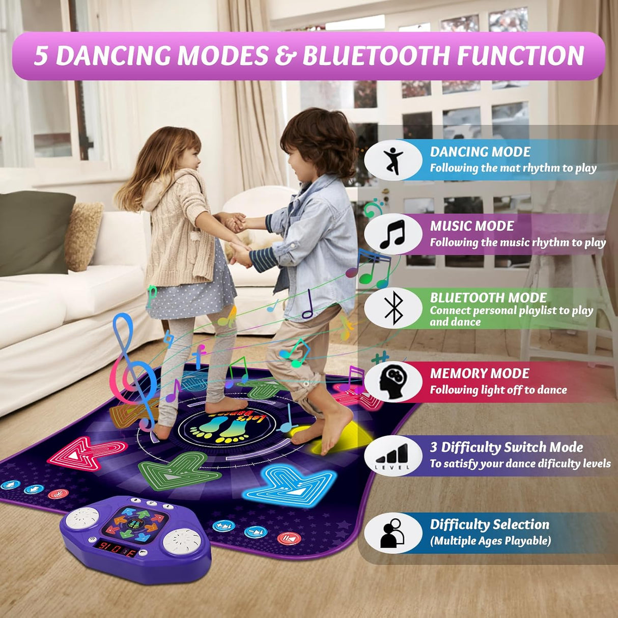 Dance Mat Toys for 3-12 Year Old Girls & Boys, Dance Mats with Light Up 8-Buttons & Wireless Bluetooth, Music Dance Toy with 5 Modes Game, Birthday Xmas Gifts for 3 4 5 6 7 8 9 10+ Year Old Girls Boys