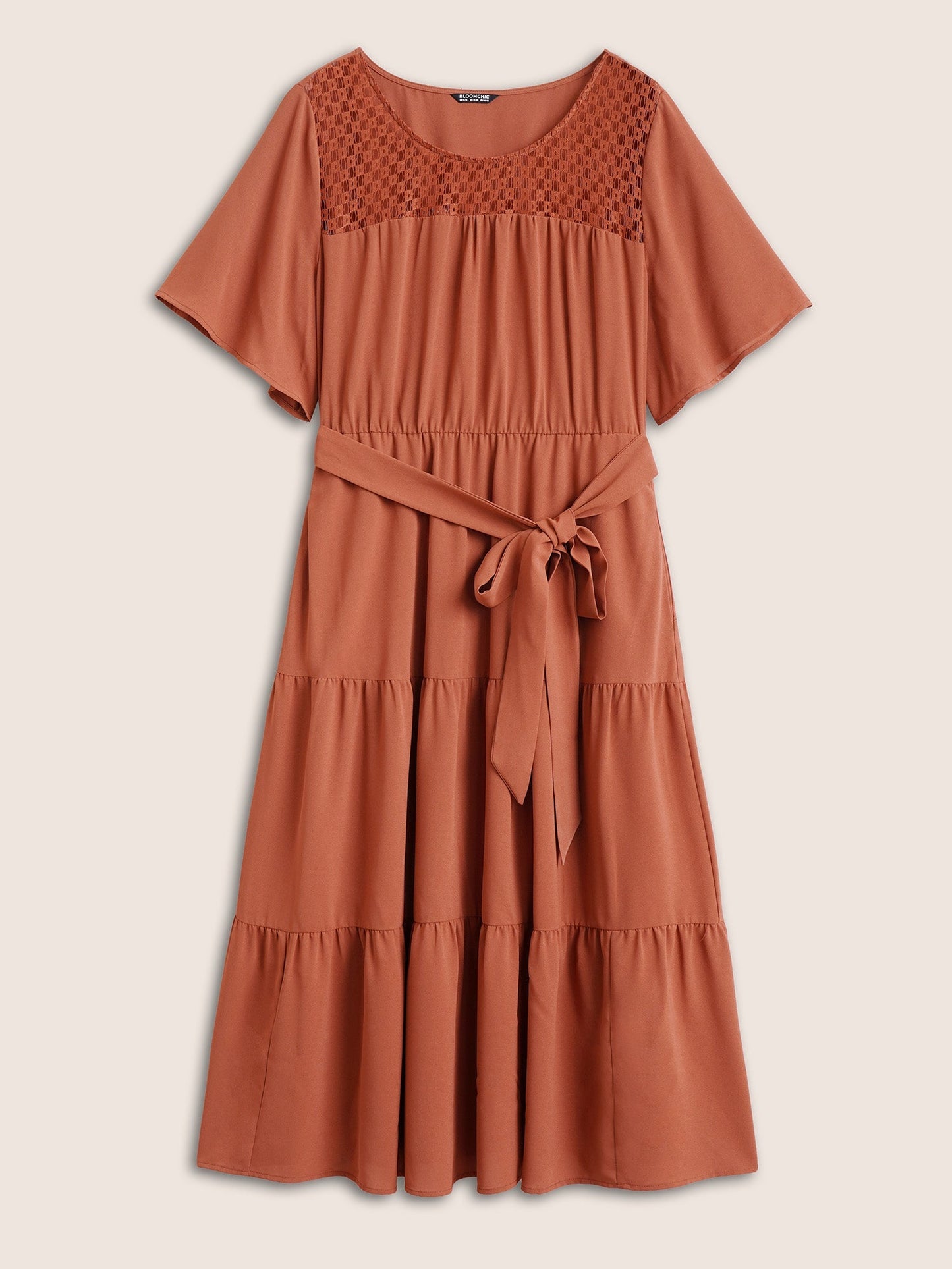 Hollow Out Belted Gathered Patchwork Hem Dress