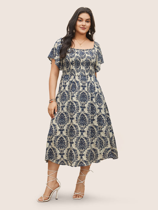 Bandana Print Shirred Off Shoulder Dress