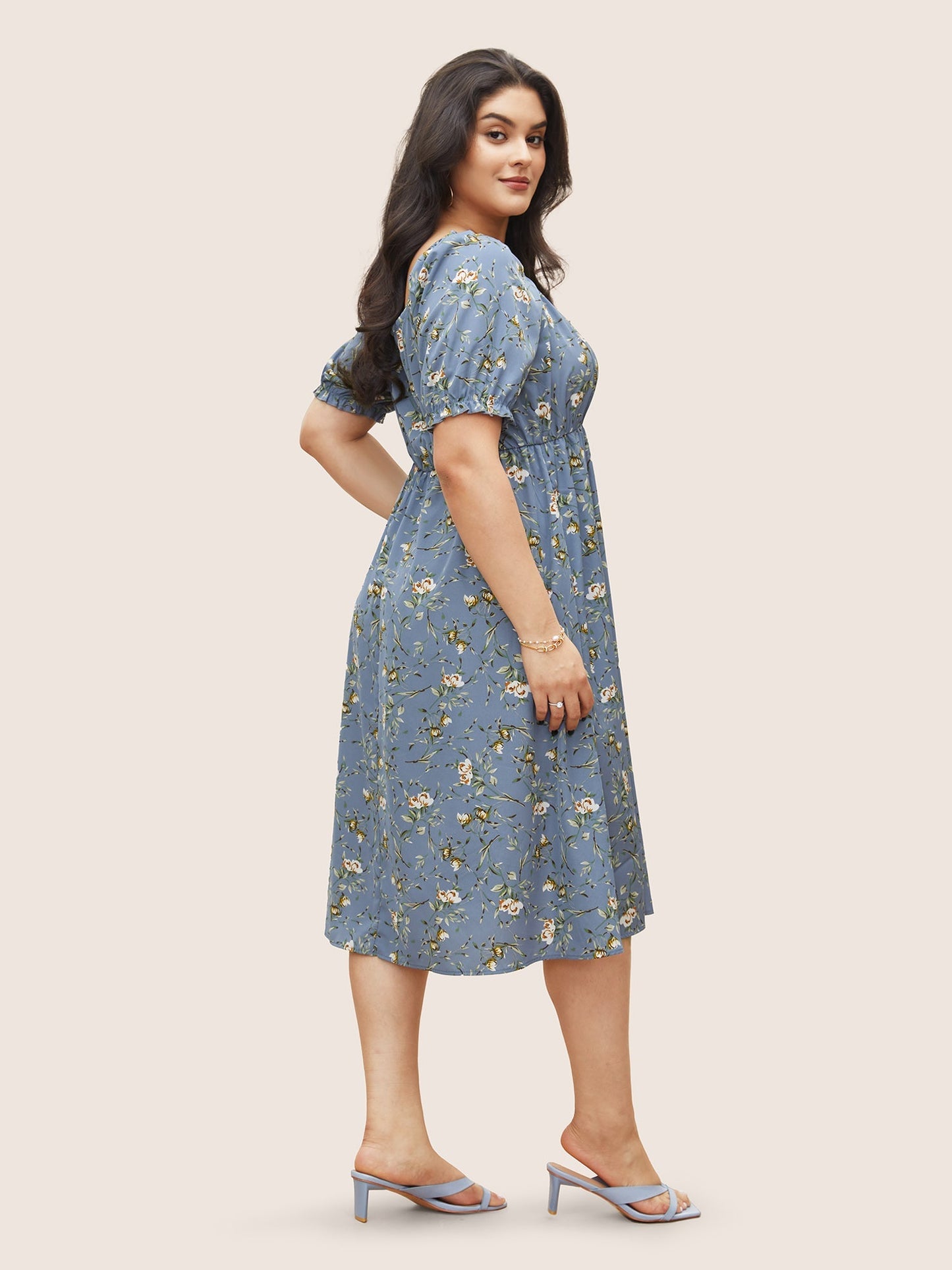 Ditsy Floral Square Neck Elastic Waist Gathered Dress