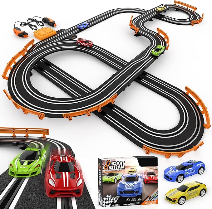 Slot Car Race Track Sets with 4 High-Speed Slot Cars, Battery or Electric Car Track, Dual Racing Game Lap Counter Circular Overpass Track, Gifts Toys for Boys Kids Age 6 7 8-12