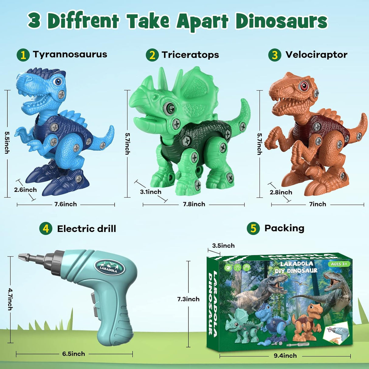 Laradola Dinosaur Toys for 3 4 5 6 7 8 Year Old Boys, Kids Take Apart STEM Construction Building Kids Toys with Electric Drill, Party Christmas Birthday Gifts Boys Girls