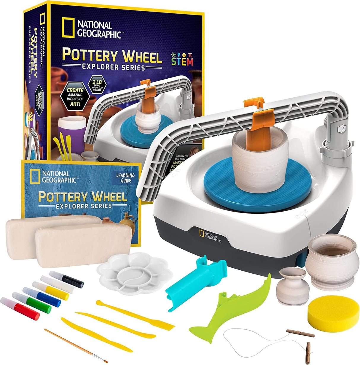 National Geographic Kid’s Pottery Wheel – Complete Pottery Kit for Beginners, Electric Motor, 2 lbs. Air Dry Clay, Sculpting Clay Tools, Patented Integrated Arm, Apron & More, Great Craft Kit for Kids