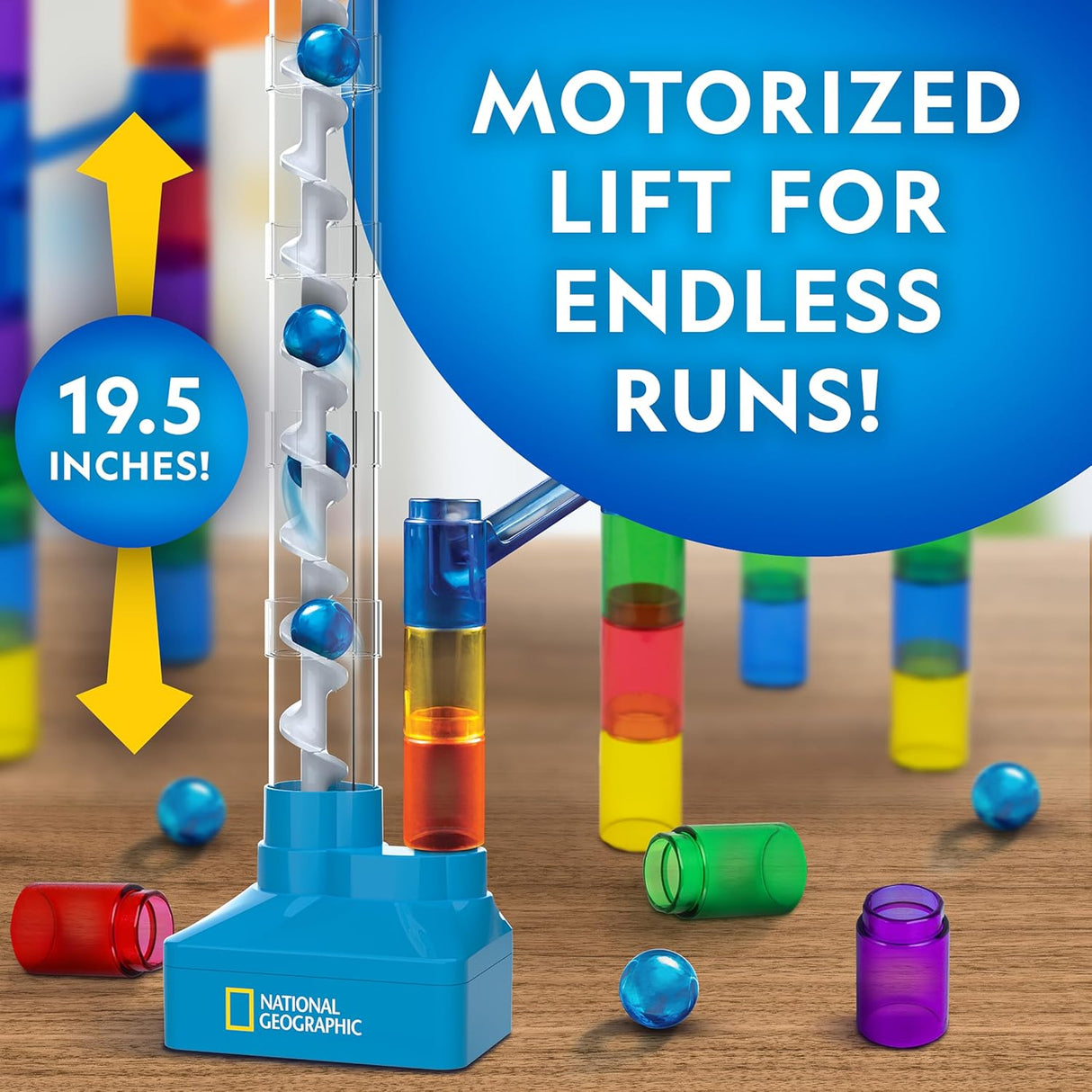 National Geographic Marble Run with Motorized Elevator - 150-Piece Marble Maze Kit with Motorized Spiral Lift, 30 Marbles, Storage Bag & More, Perpetual Motion Machine, Marble Game, Kids Physics Toys