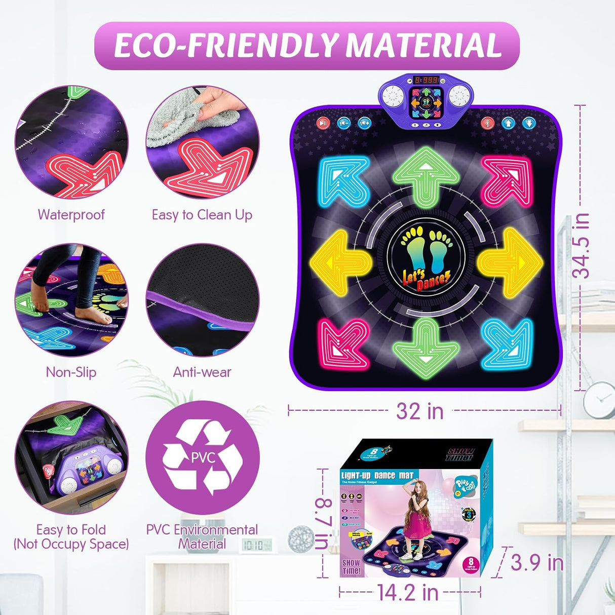 Dance Mat Toys for 3-12 Year Old Girls & Boys, Dance Mats with Light Up 8-Buttons & Wireless Bluetooth, Music Dance Toy with 5 Modes Game, Birthday Xmas Gifts for 3 4 5 6 7 8 9 10+ Year Old Girls Boys