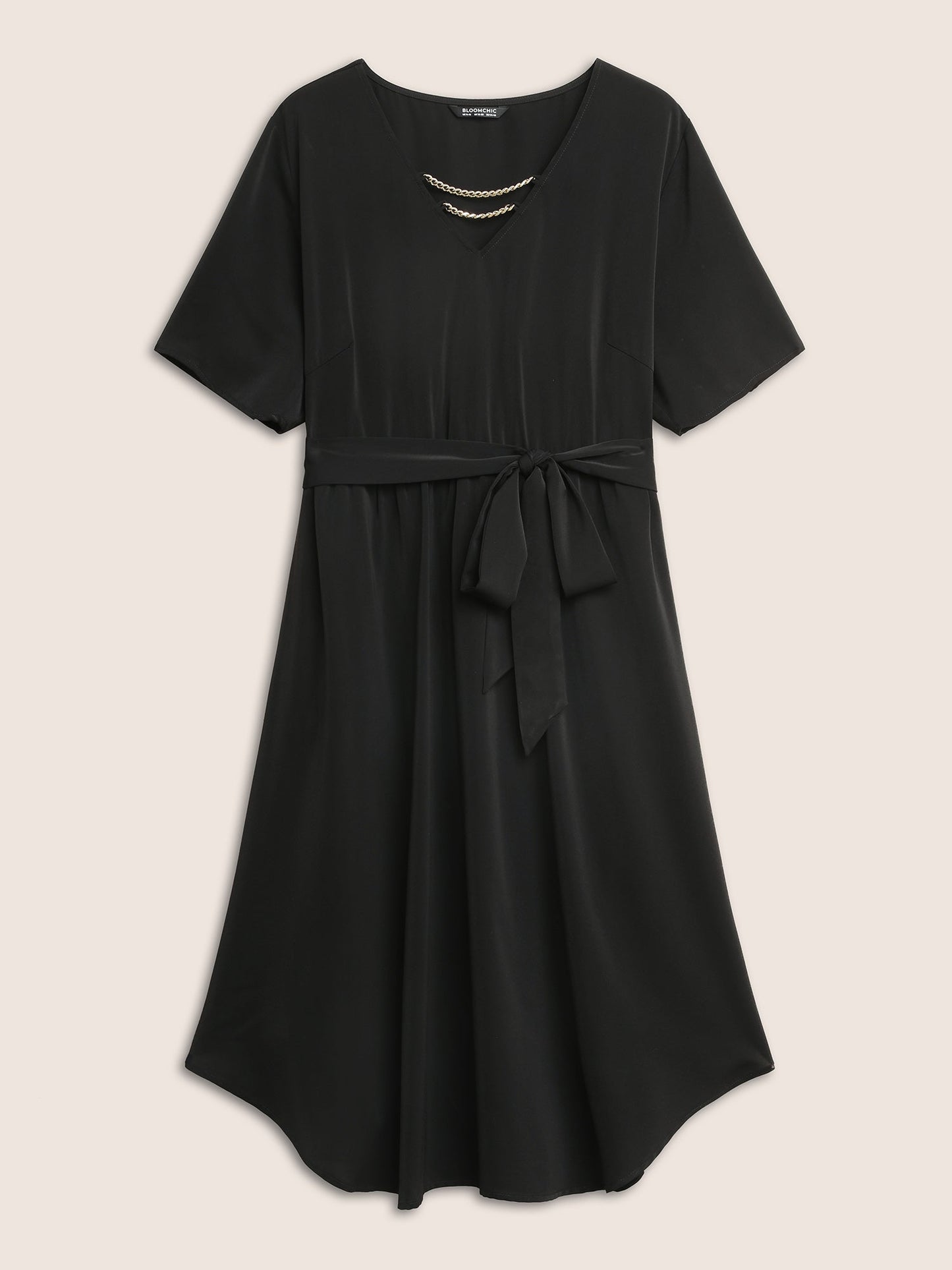 Anti-Wrinkle Metal Chain Detail Belted Arc Hem Dress