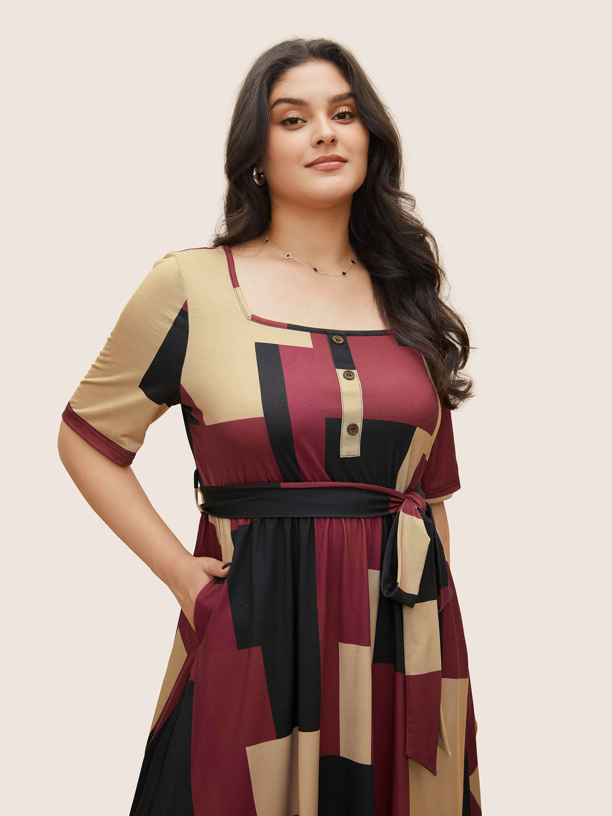 Geometric Colorblock Contrast Square Neck Belted Dress