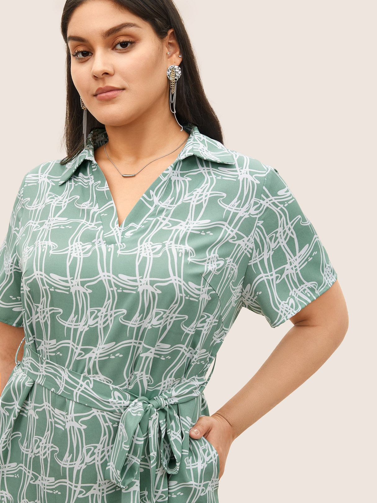 Abstract Print Belted Polo Collar Dress