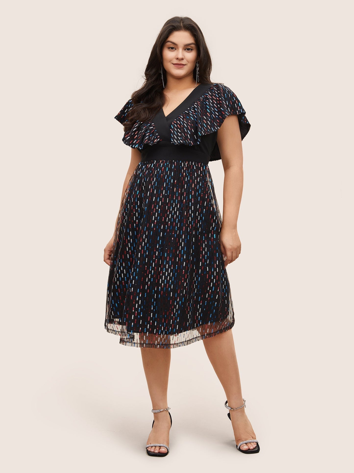 Sequin Patchwork Pocket Flutter Cap Sleeve Dress