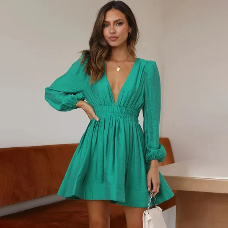 Elegant deep V-neck long sleeve dress