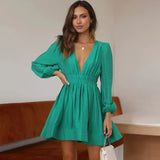 Elegant deep V-neck long sleeve dress