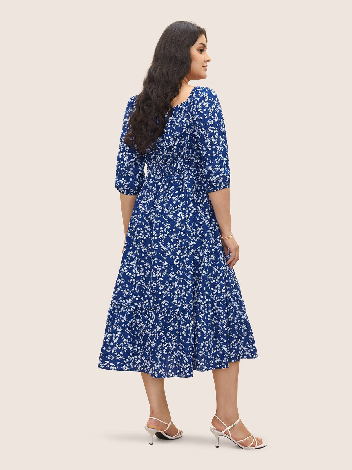 Ditsy Floral Pocket Tie Neck Shirred Dress