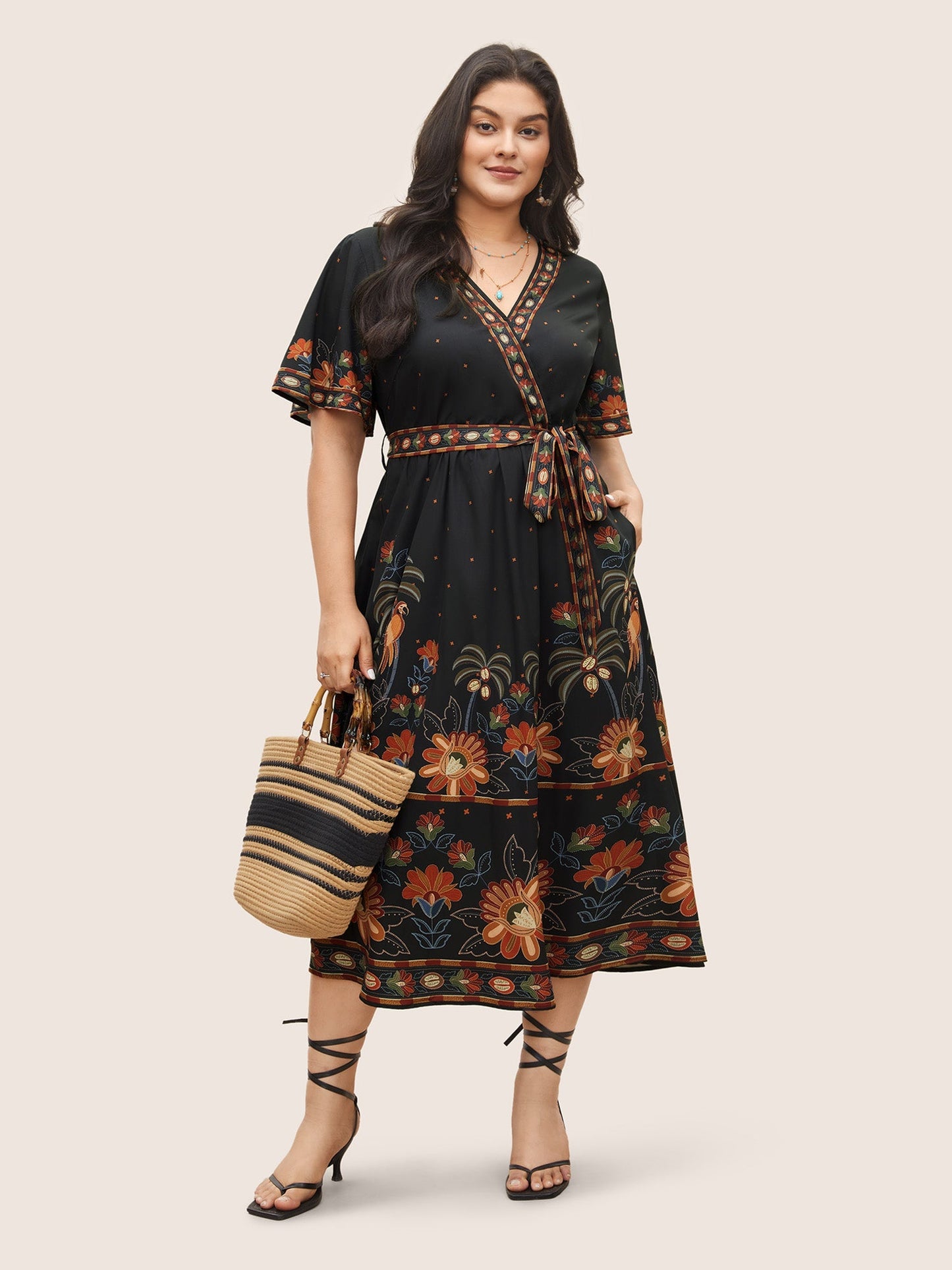 Bandana Print Surplice Neck Flutter Sleeve Dress