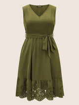 Plain Laser Cut Belted Gathered Dress