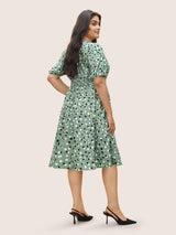 Allover Print Pleated Lantern Sleeve Dress