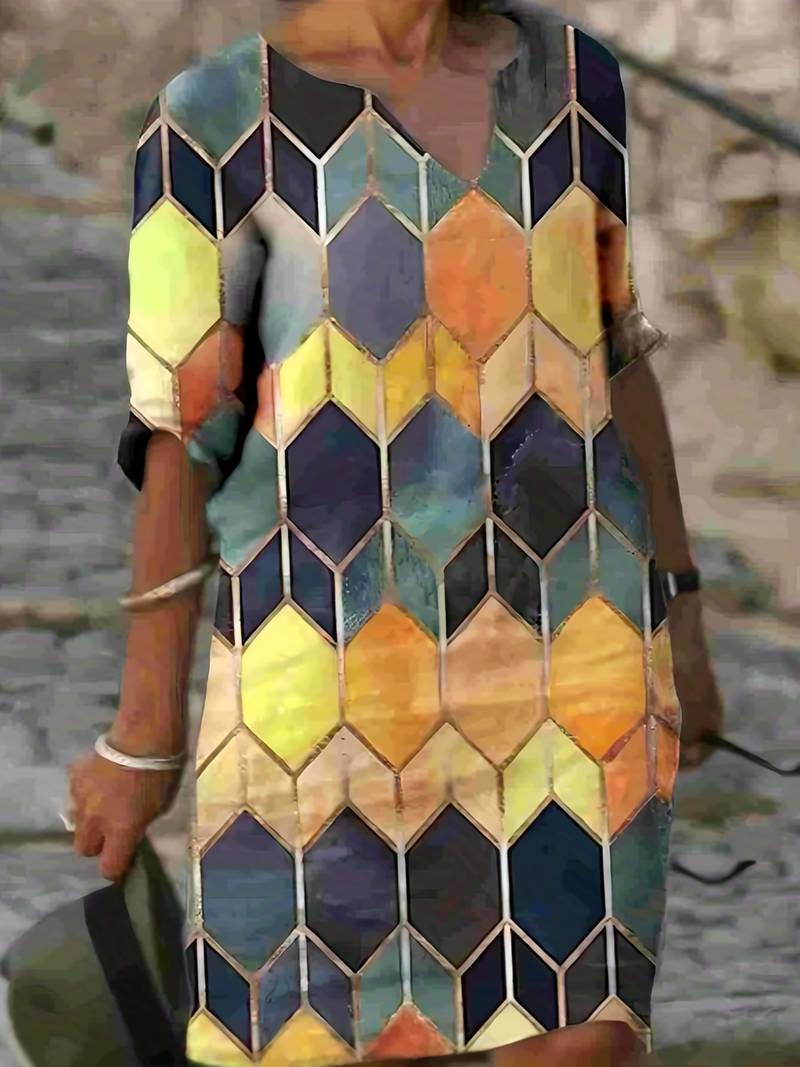 Mosaic - Long dress with V-neck and multicoloured print