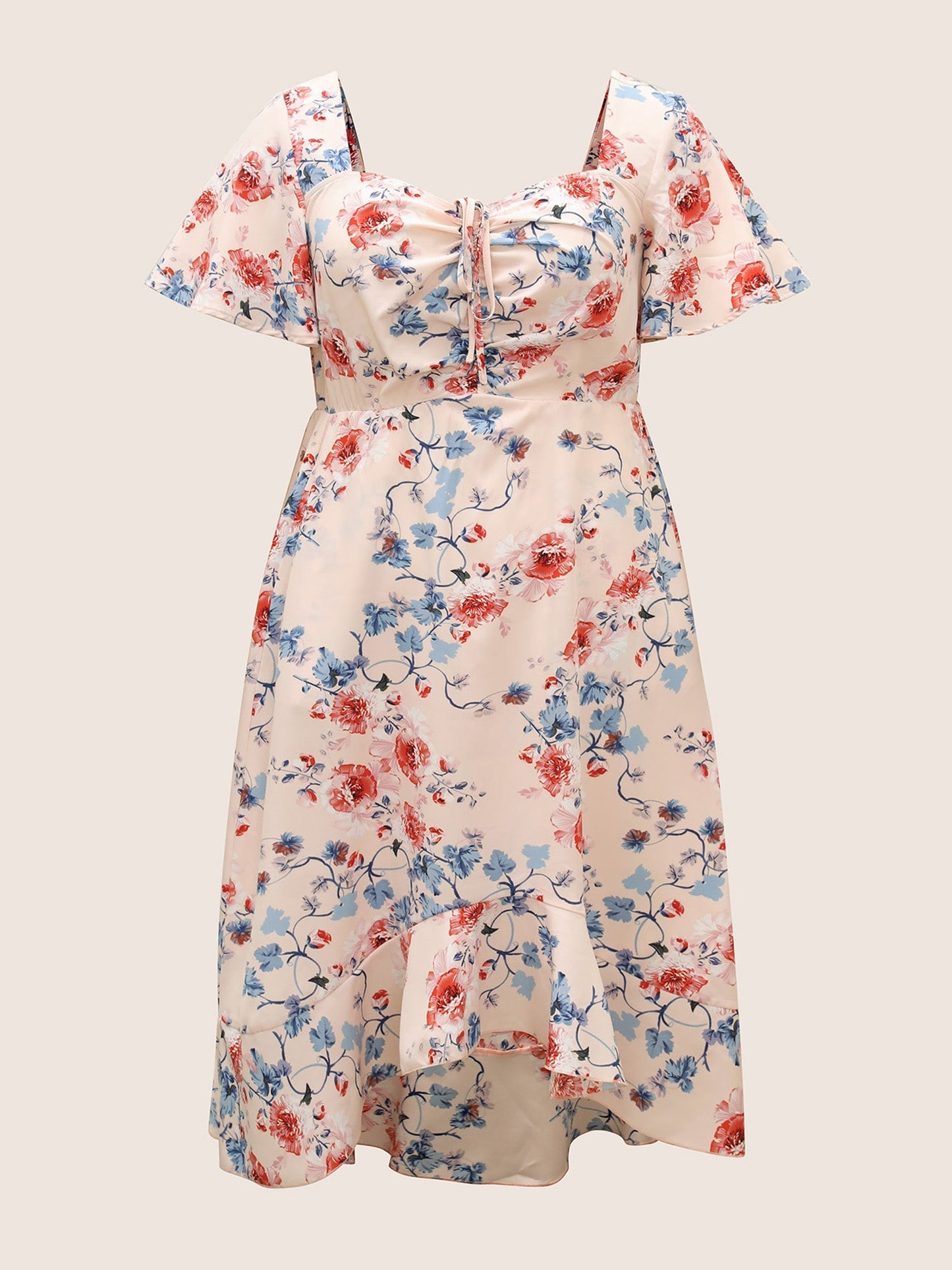 Square Neck Floral Print Gathered Drawstring Dress