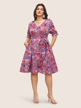 Paisley Print Belted Ruffle Trim Dress