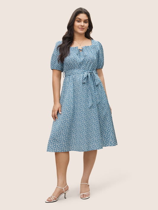 Ditsy Floral Tie Neck Frill Trim Belted Dress