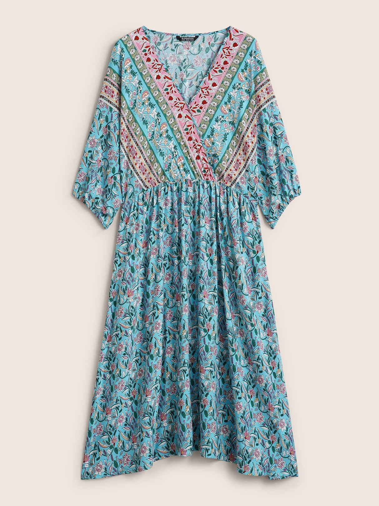 Boho Print Wrap Elastic Waist Lantern Sleeve Dress