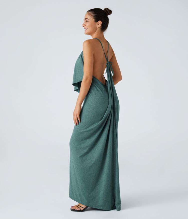 Vittoria | V Neck Backless Band Back Ruched Maxi Resort Slip Dress