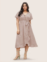 Polka Dot Flutter Trim Belted Overlap Collar Dress