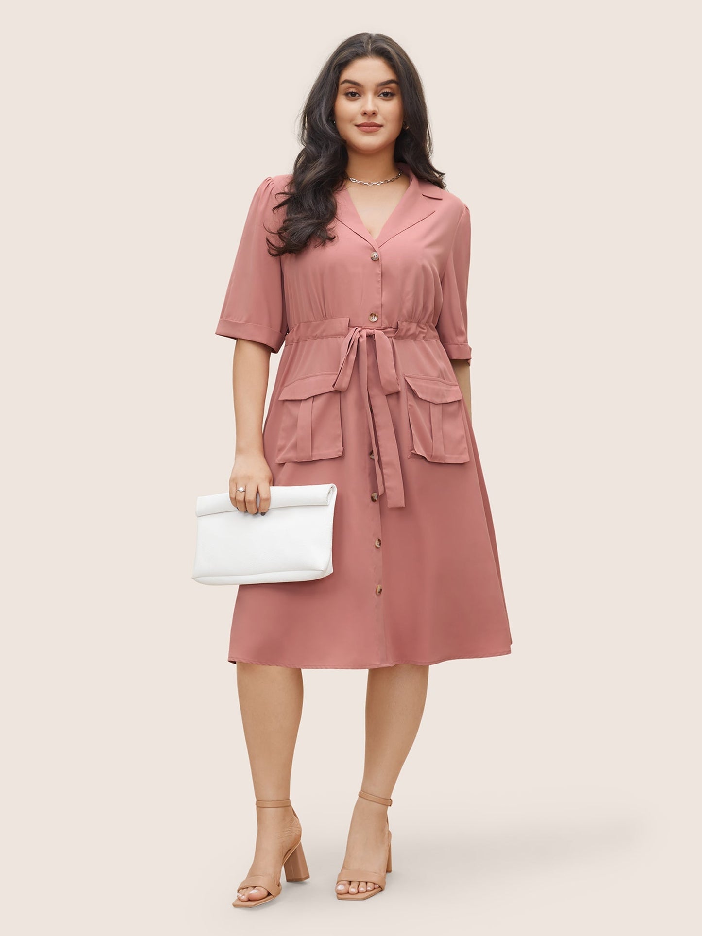 Solid Patched Pocket  Ties Gathered Dress