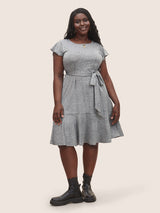 Solid Patchwork Ruffle Cap Sleeve Belted Dress