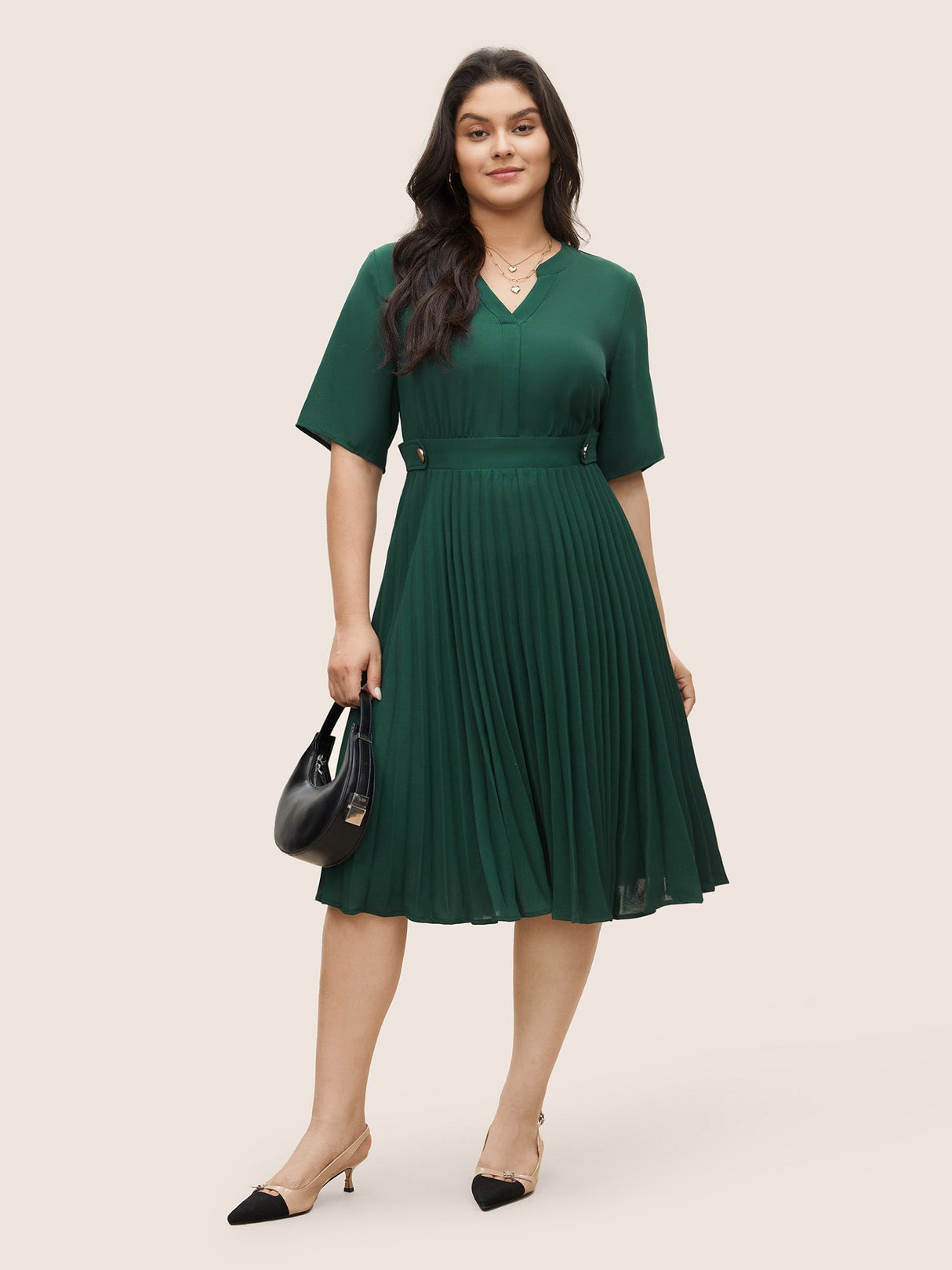 Solid Button Detail Notched Pleated Hem Dress