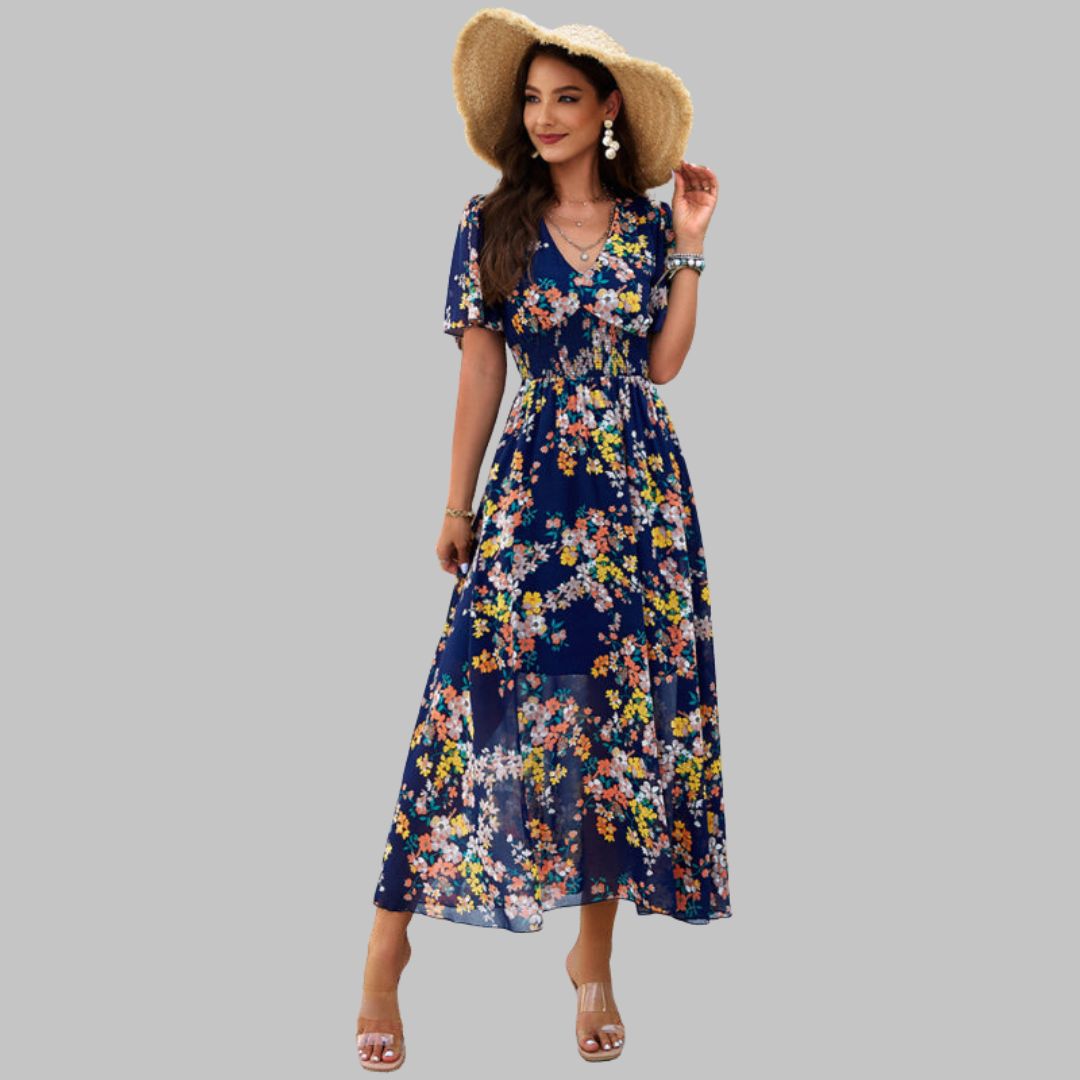 Isabella - Floral V-neck midi dress with short sleeves