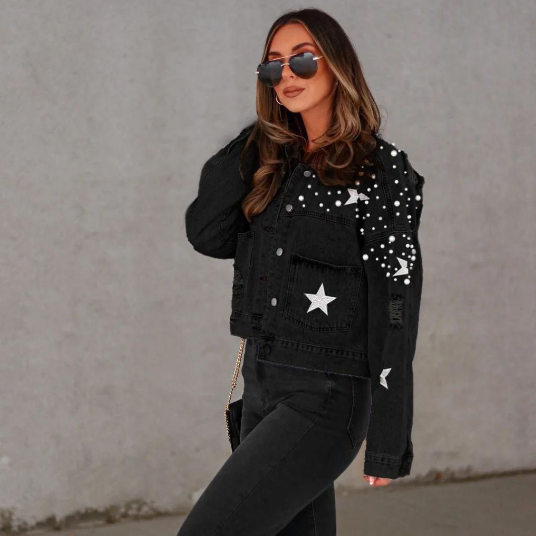 Veda - Denim jacket with pearl embellishment and star accents