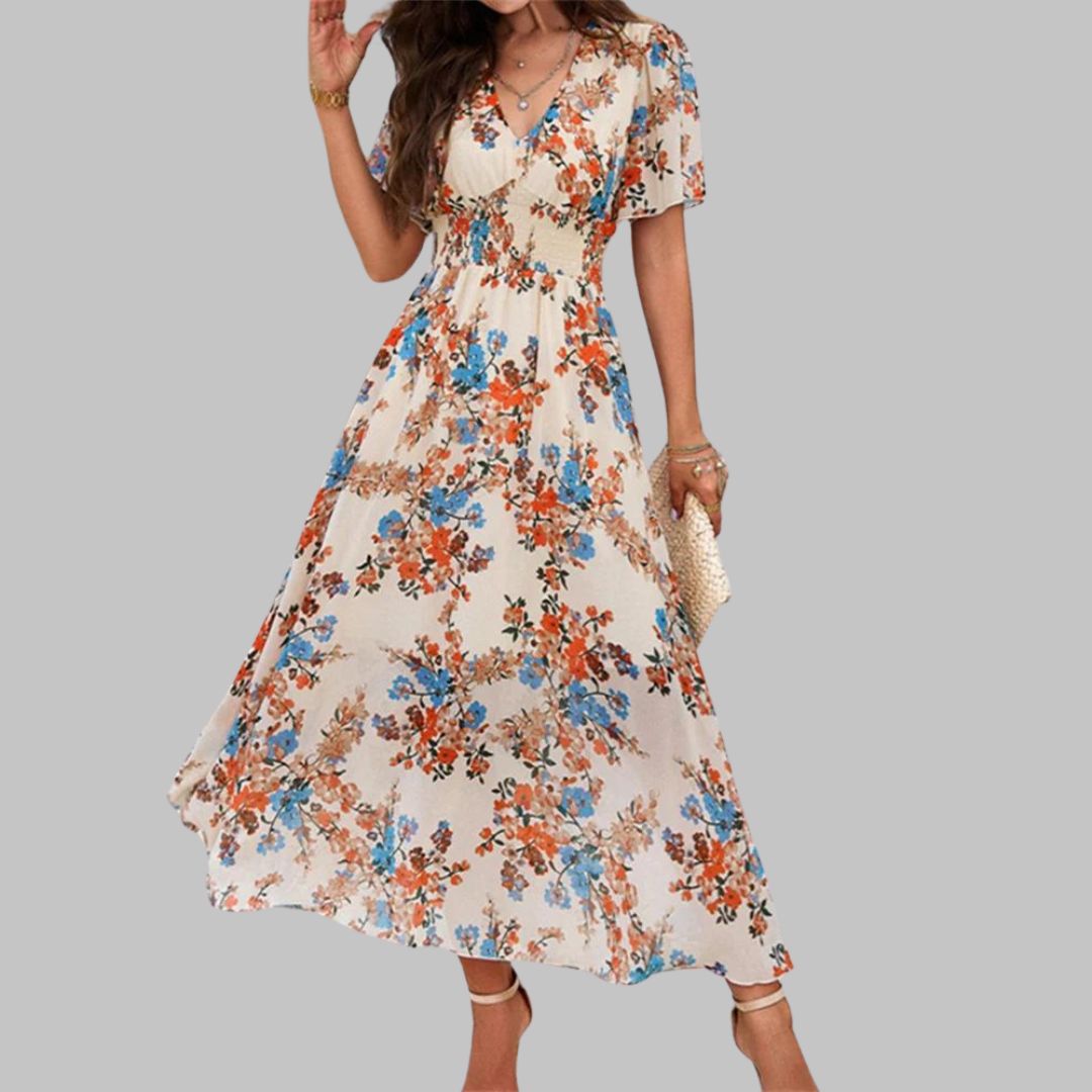 Isabella - Floral V-neck midi dress with short sleeves