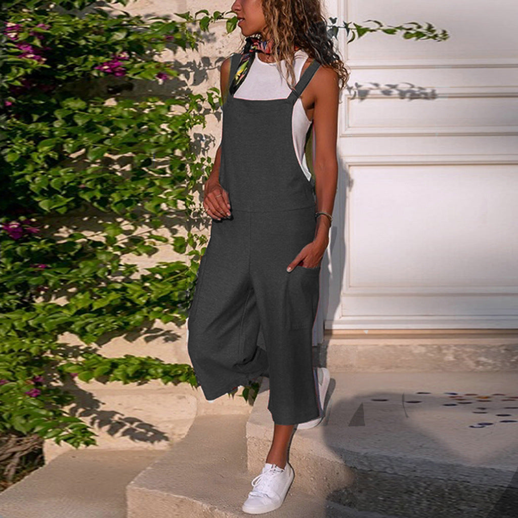 Cotton Linen Casual Loose Suspender Jumpsuit