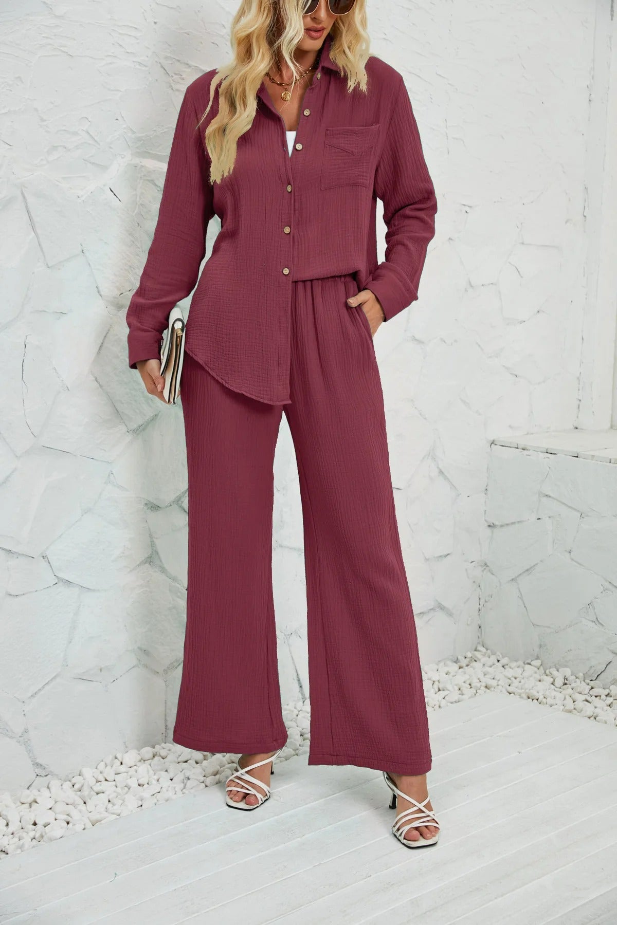 Long sleeve button blouse and wide trousers set for women