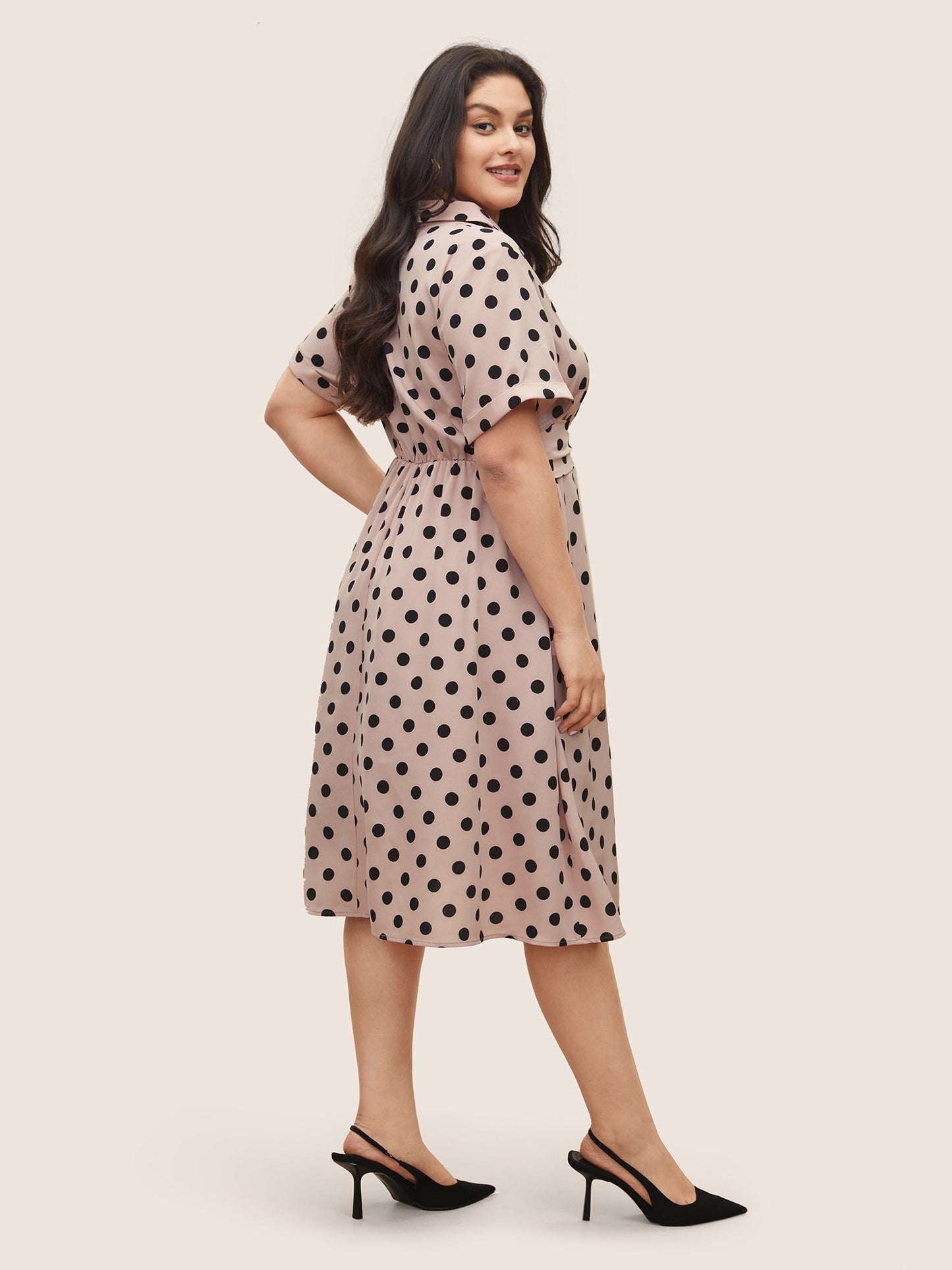 Polka Dot Elastic Waist Ties Pocket Dress