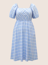 Plaid Square Neck Gathered Shirred Dress