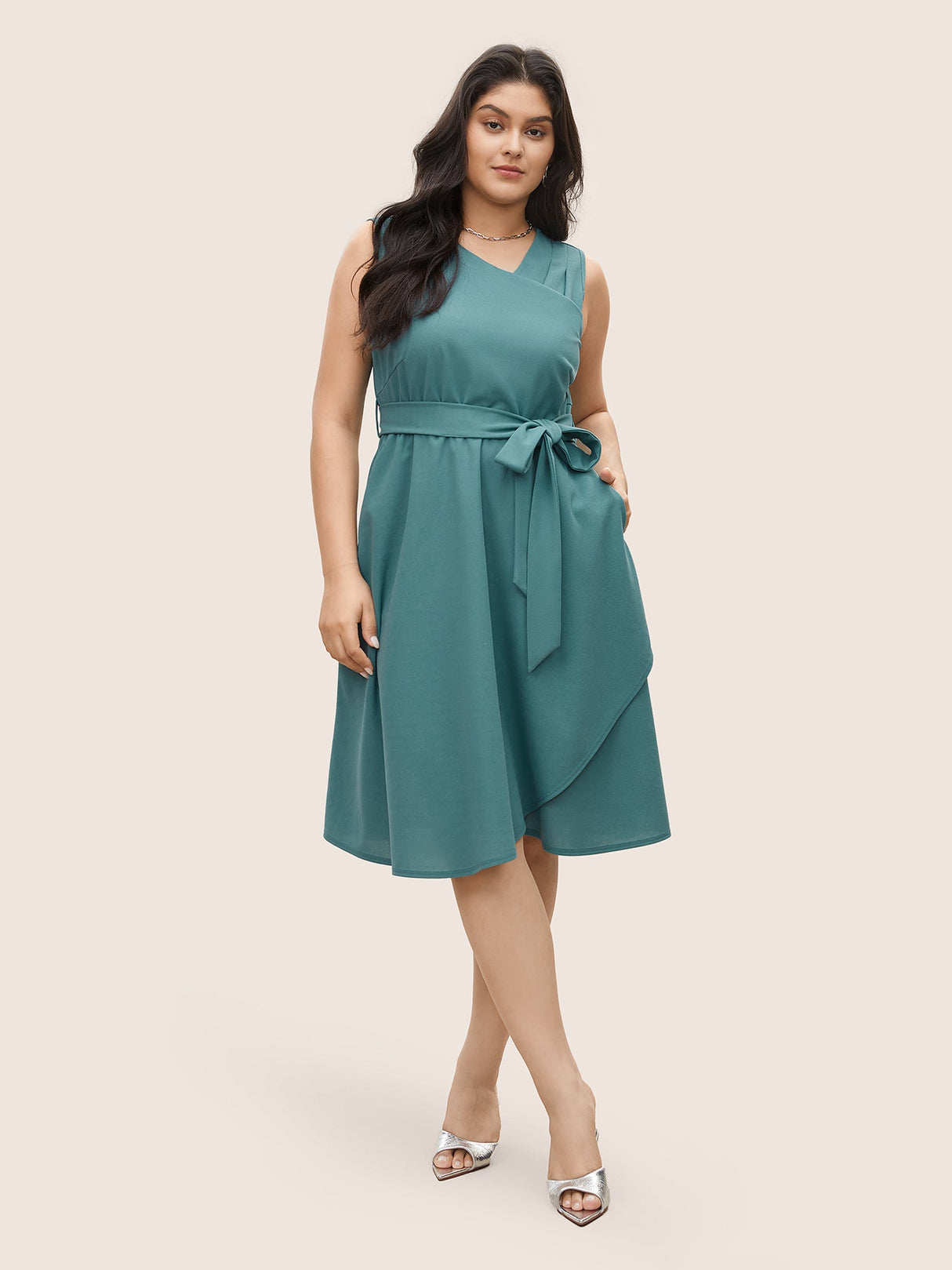 Asymmetrical Neck Pleated Belted Sleeveless Dress