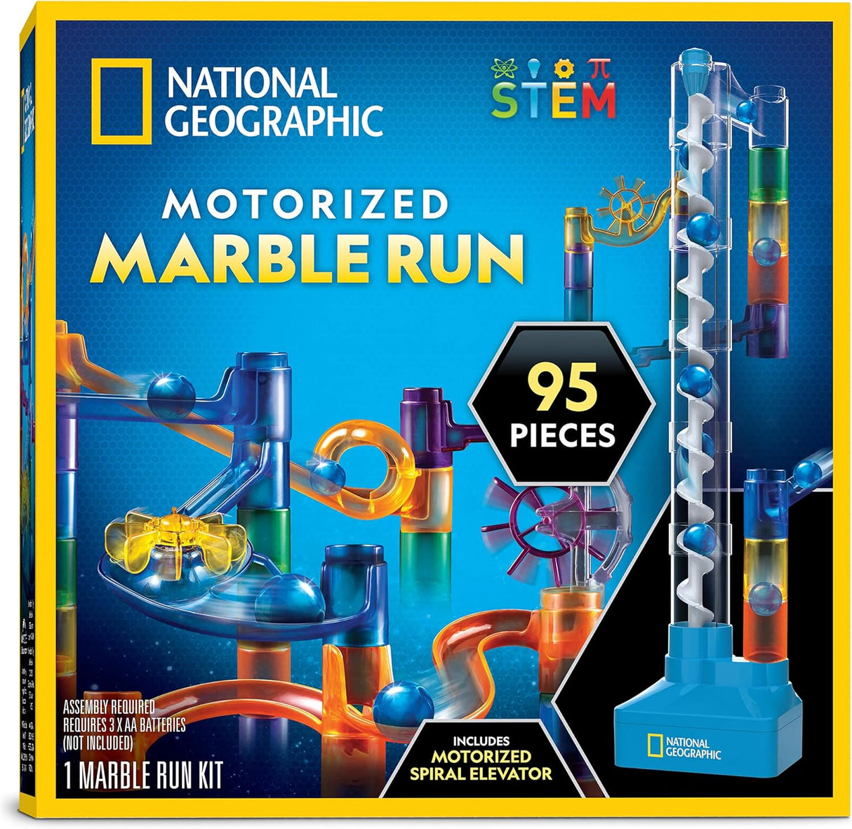 National Geographic Marble Run with Motorized Elevator - 150-Piece Marble Maze Kit with Motorized Spiral Lift, 30 Marbles, Storage Bag & More, Perpetual Motion Machine, Marble Game, Kids Physics Toys