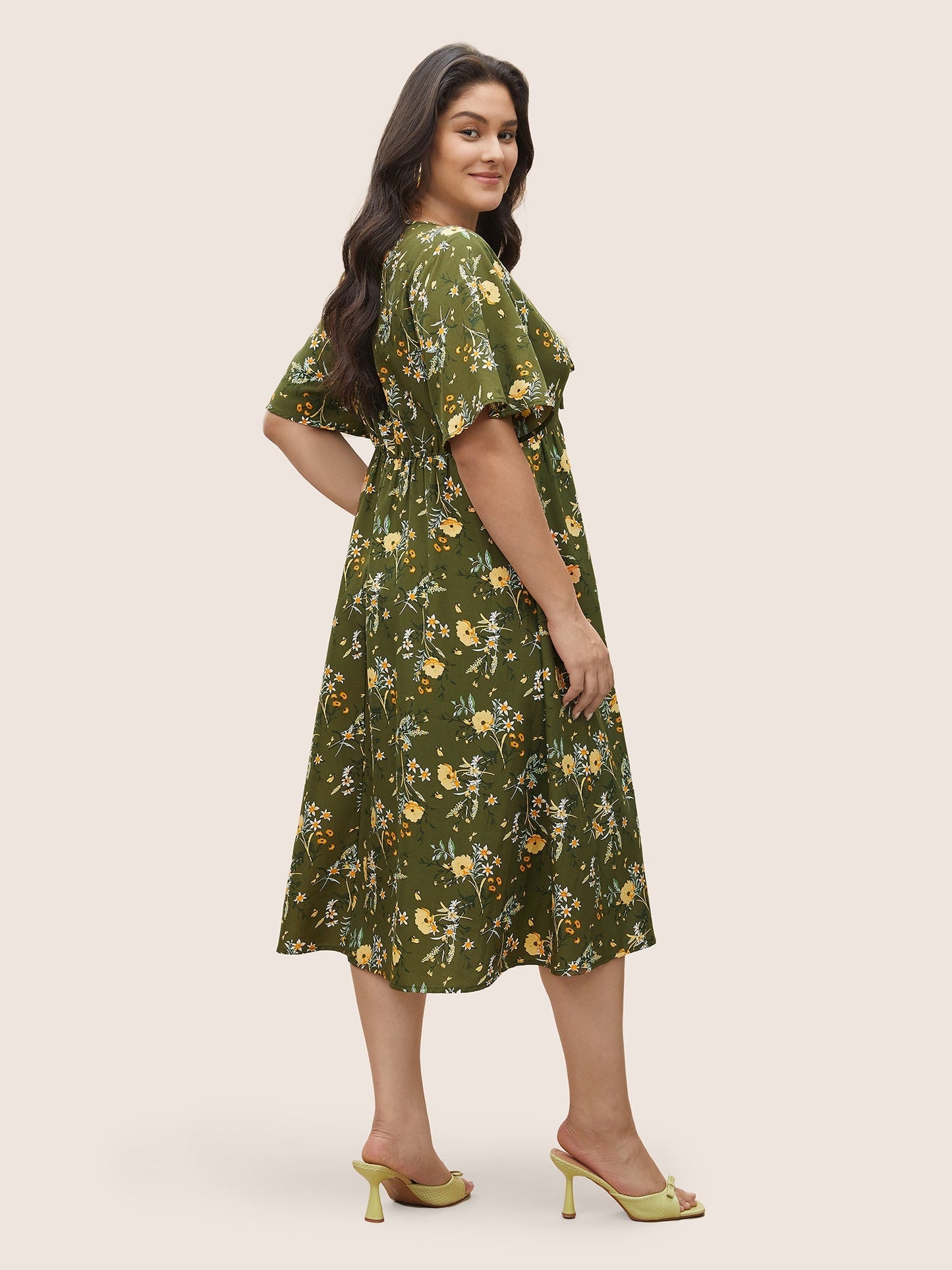 Floral Elastic Waist Drawstring Pocket Dress