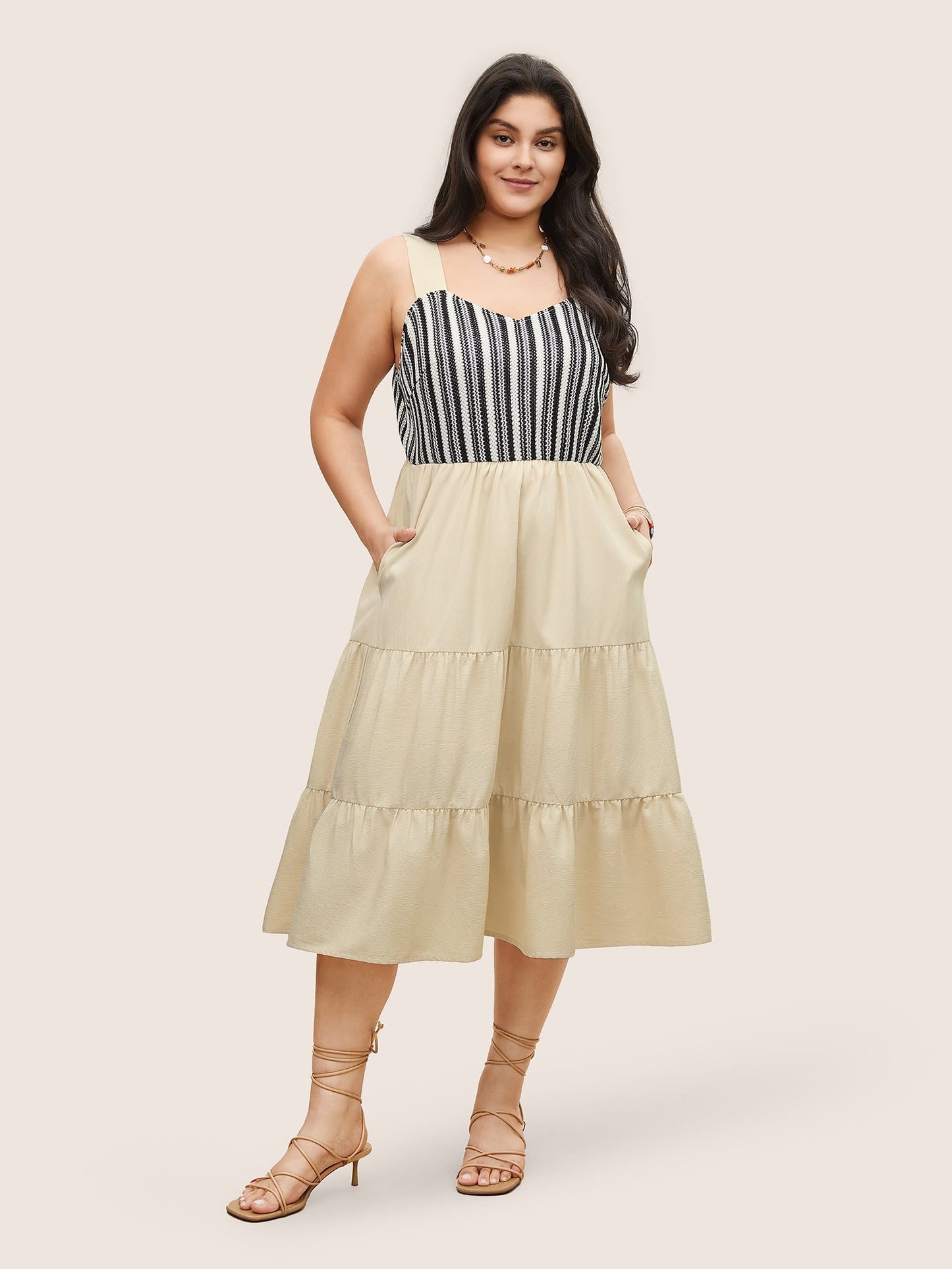 Striped Patchwork Ruffle Layered Hem Dress