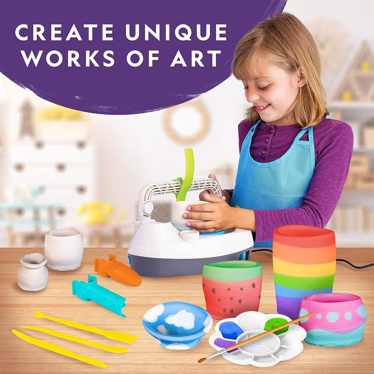 National Geographic Kid’s Pottery Wheel – Complete Pottery Kit for Beginners, Electric Motor, 2 lbs. Air Dry Clay, Sculpting Clay Tools, Patented Integrated Arm, Apron & More, Great Craft Kit for Kids