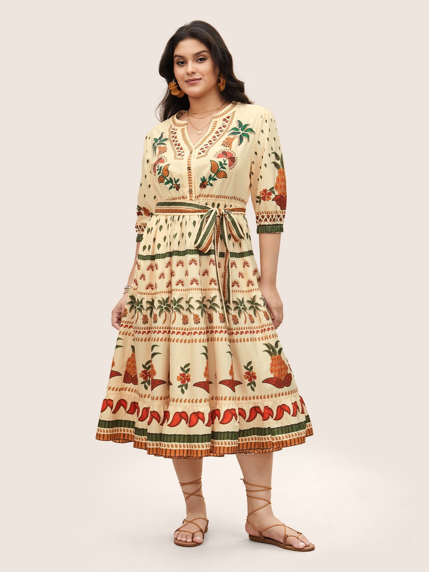 Boho Print Notched Collar Patchwork Belted Dress