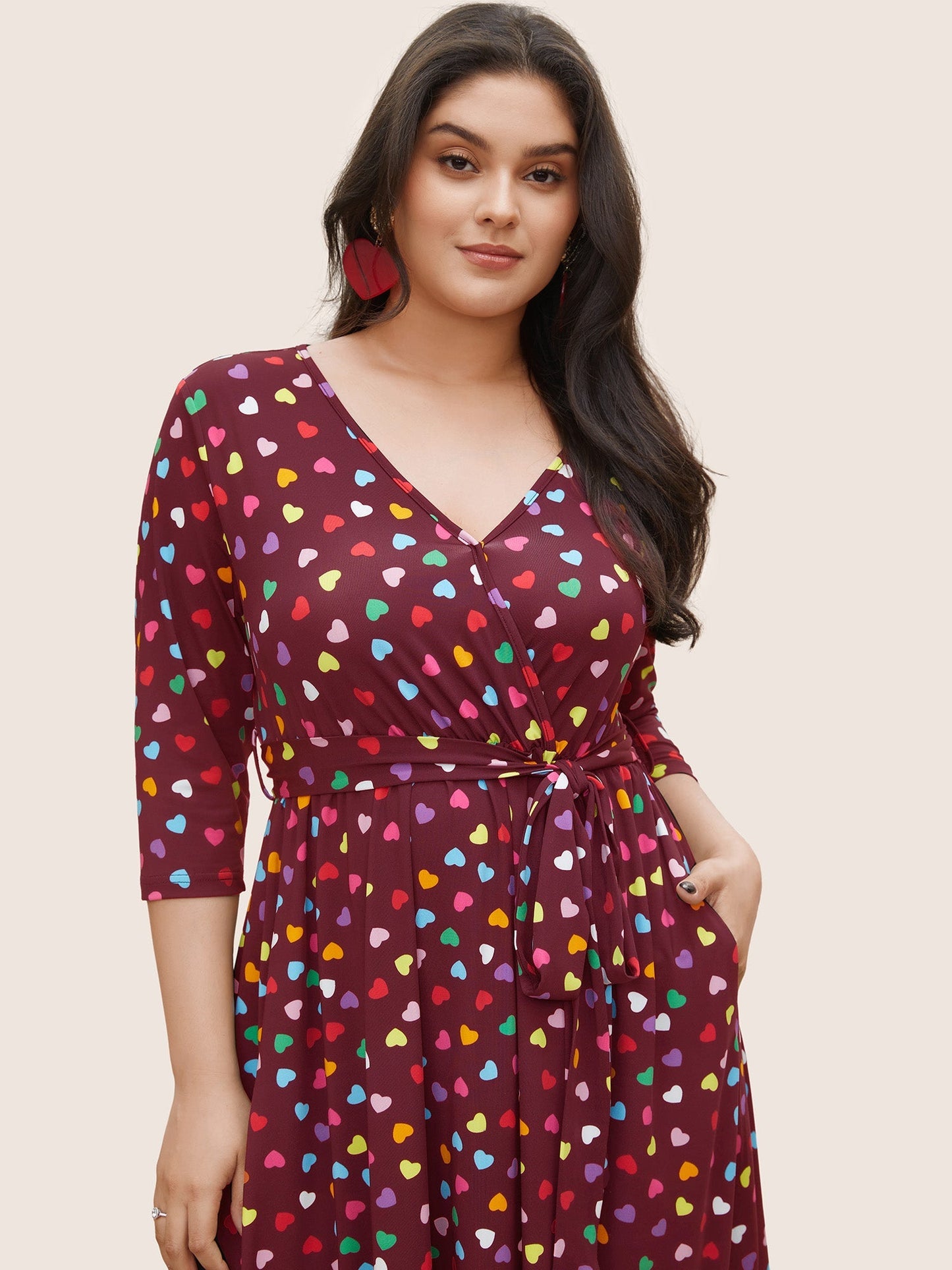 Colored Heart Print Belted Overlap Collar Dress