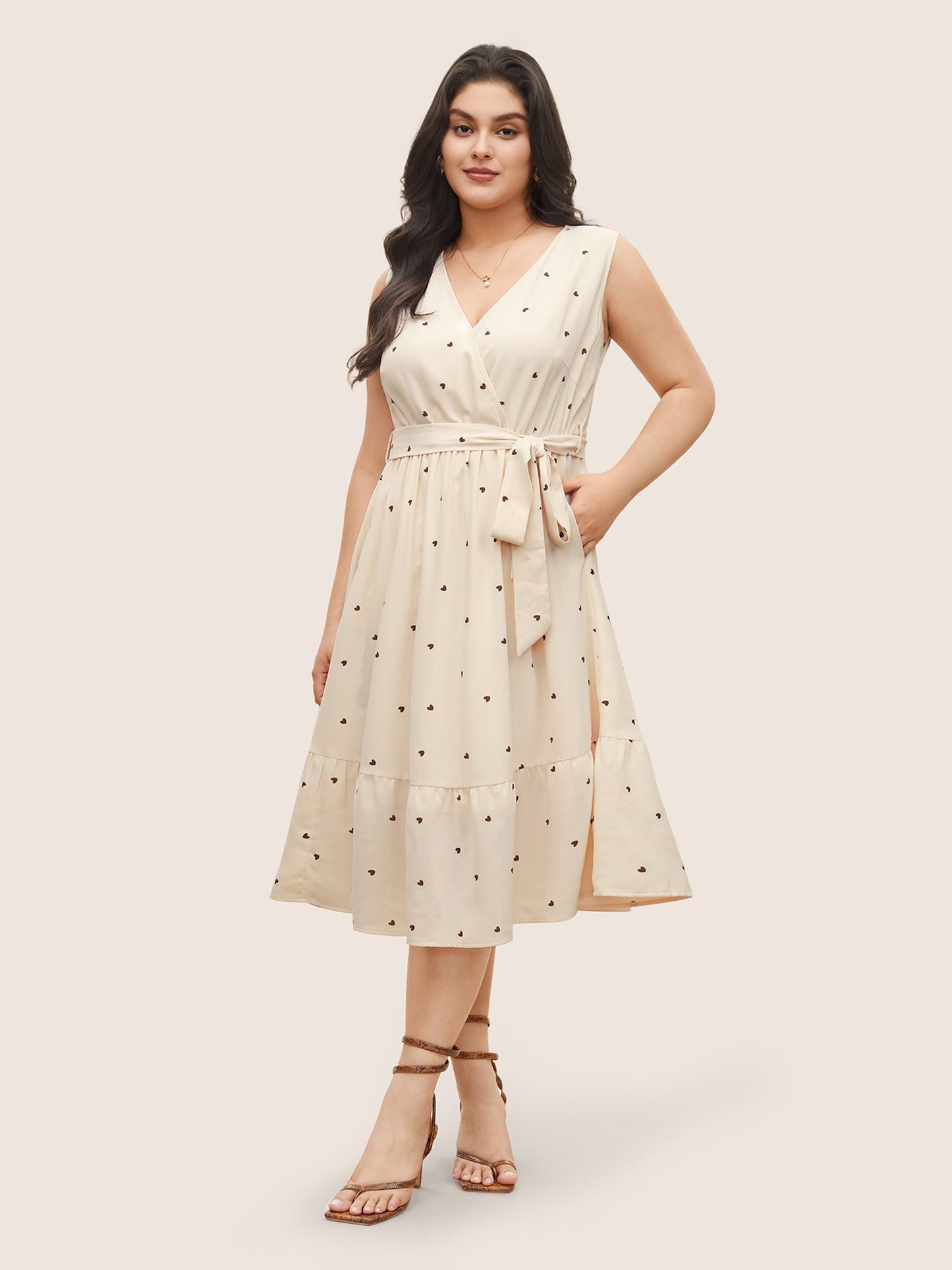 Heart Print Surplice Neck Patchwork Flutter Hem Dress