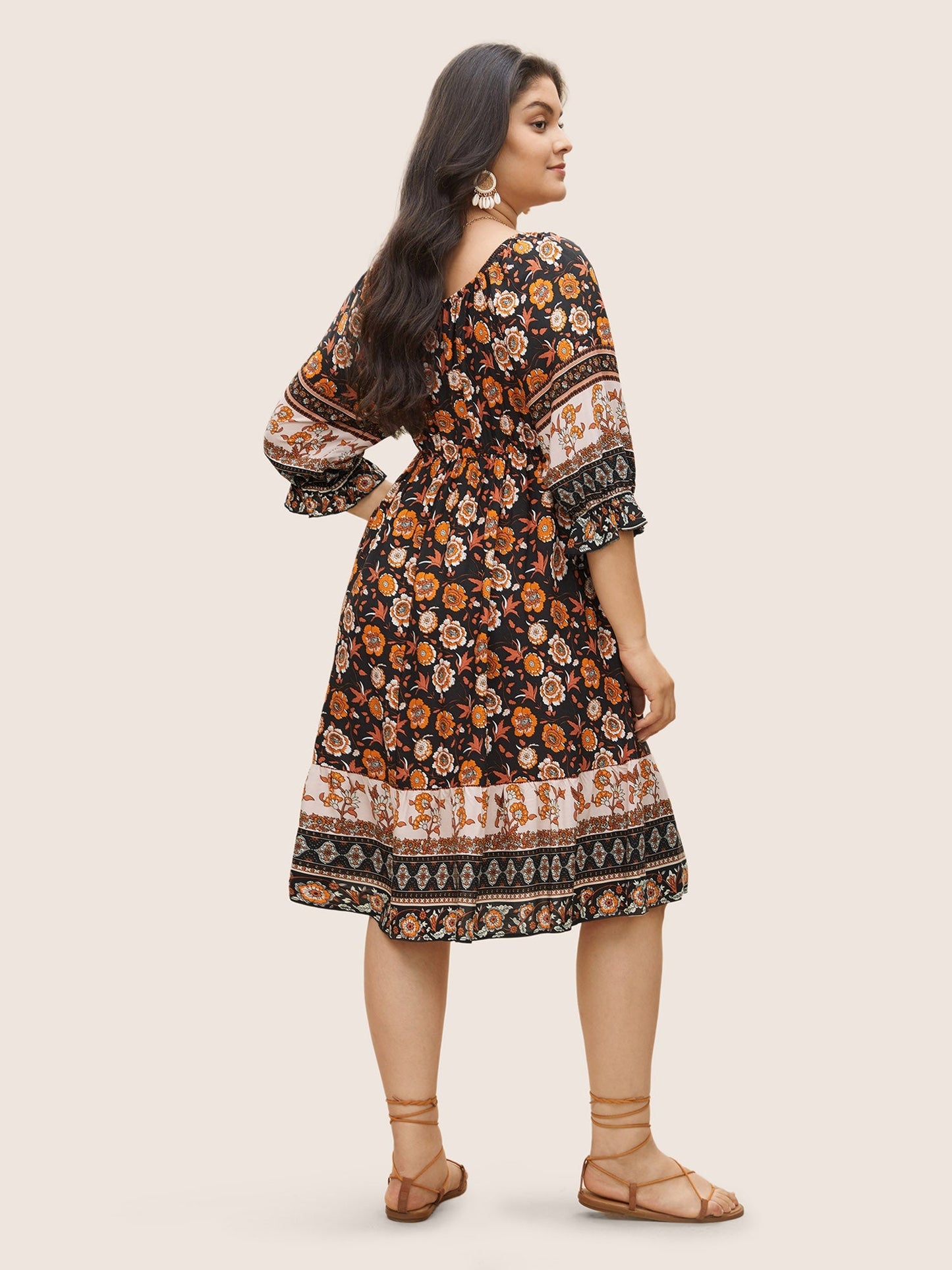 Bandana Print Square Neck Pocket Ruffle Sleeve Dress