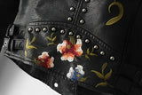 Womens Black Vegan Leather Floral Embroidered Jacket