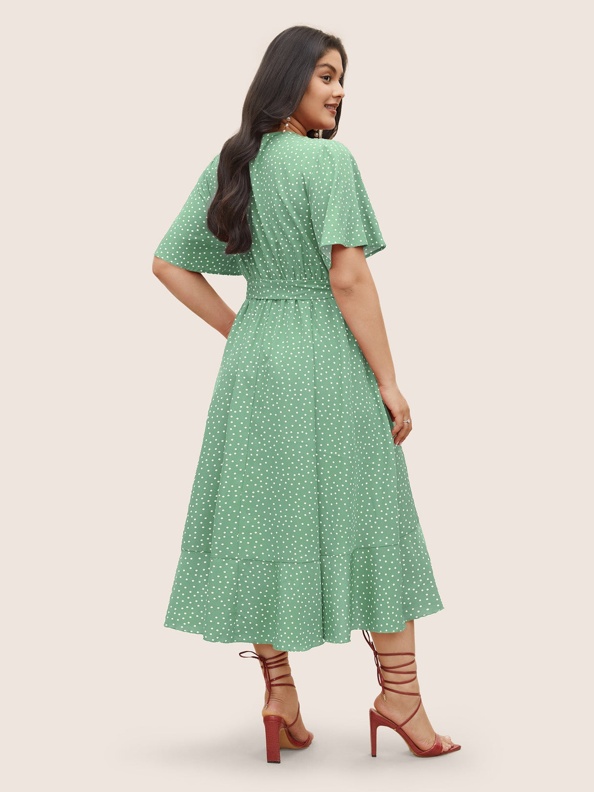 Polka Dot Surplice Neck Belted Arc Hem Dress