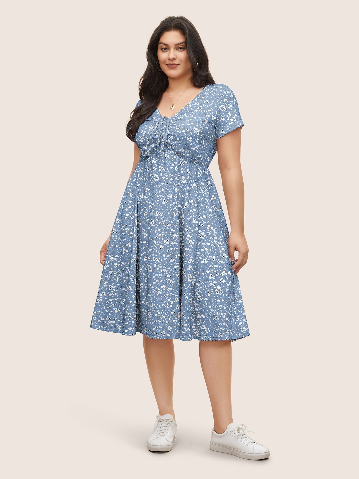 Ditsy Floral Elastic Waist Knot Drawstring Dress