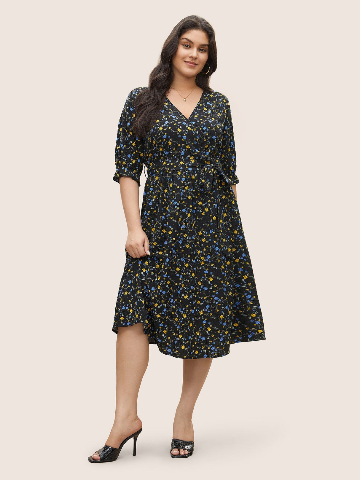 Ditsy Floral Ruffle Half Sleeve Belted Dress