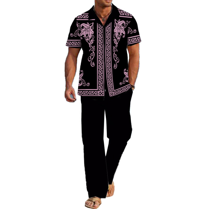 Men's Casual Printed Short Sleeve Shirt and Pants Set 54024830YM